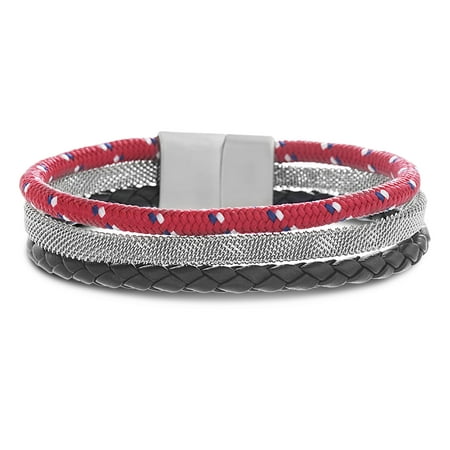 Steel Evolution Men's Red Cord , Braided Leather and Mesh Triple Stranded Magnetic Bracelet in Stainless Steel