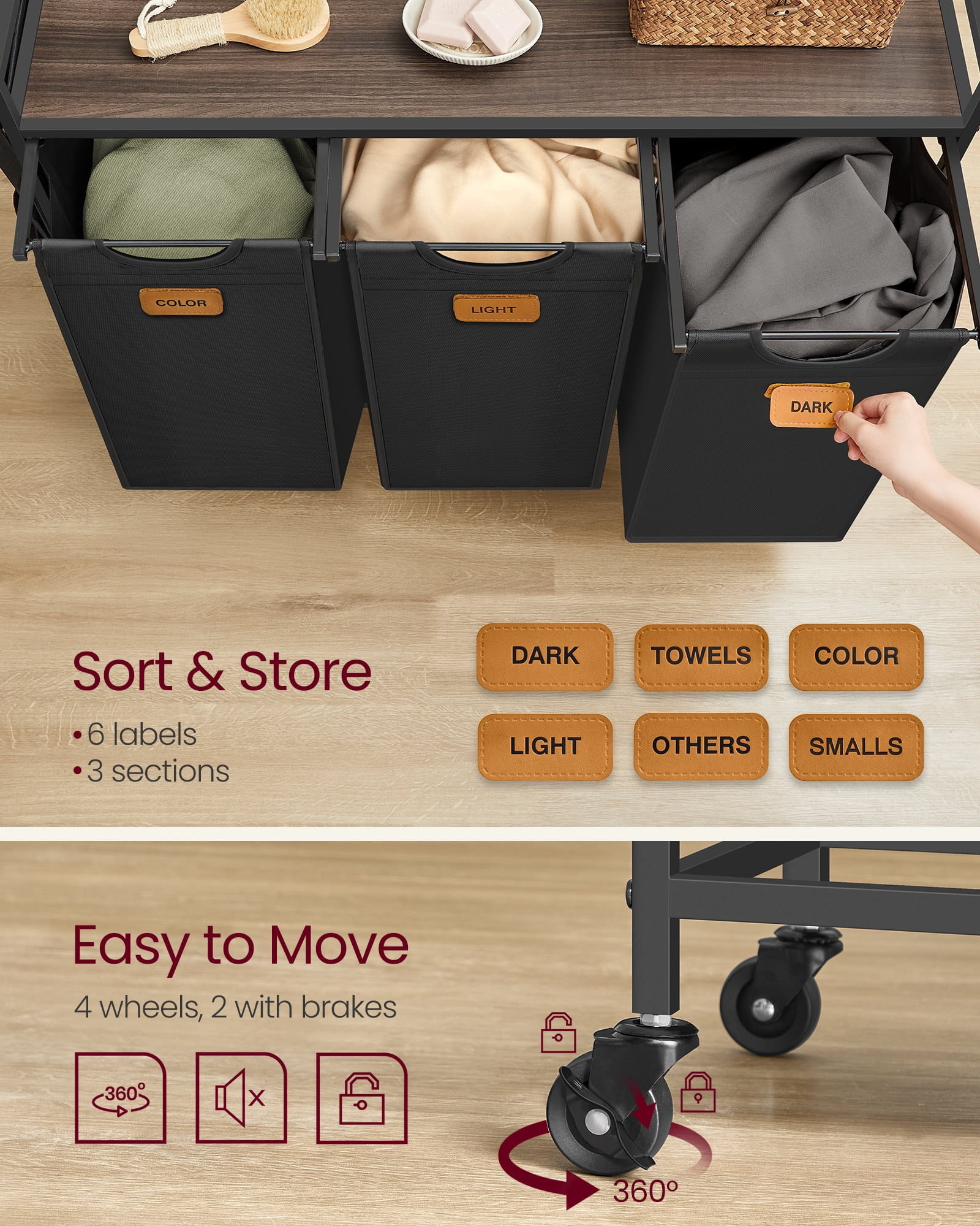 VASAGLE Laundry Hamper, Laundry Sorter Rolling Cart with Shelves,Small Side Pockets,6 Labels,3 Compartments,39.6 Gal. (150 L),Ink Black and Ash Brown
