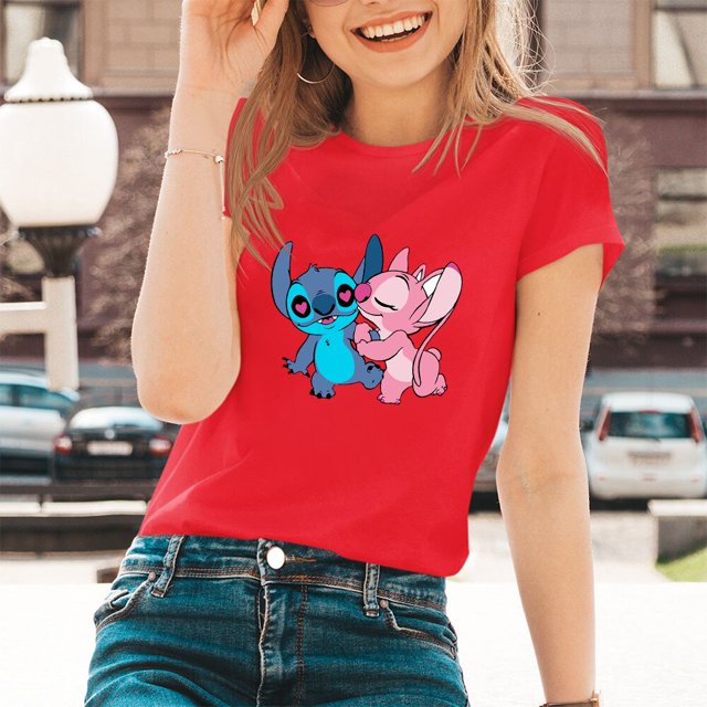 Lilo & Stitch Cartoon Pattern T-shirts Female Kawaii Harajuku Outdoor Fashion Dropship Diseny O-Neck Women T Shirts Black WhiteXL Gao Jinjia LED