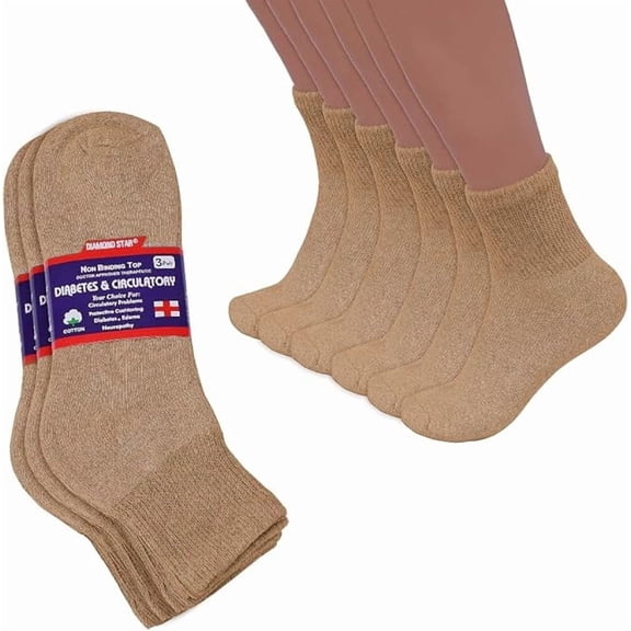 Diamond Star Diabetic Ankle Socks - Non Binding Quarter Socks for Men & Women, Cushion Circulatory Socks (Beige - 3 Pairs, Socks Size 9-11, Fit Men's Shoe Size 5-10)