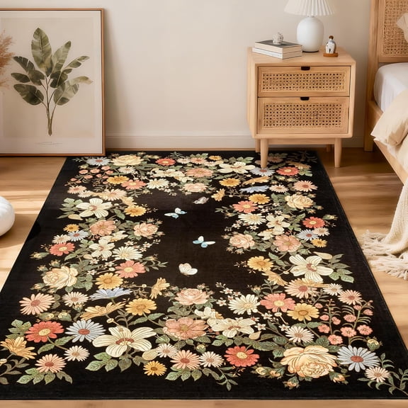 Rugs for Living Room 3x5, Washable Floral Area Rug Non Slip Soft, Low Pile Ultra-Thin Carpet for Entryway, Kitchen, Bedroom, Black