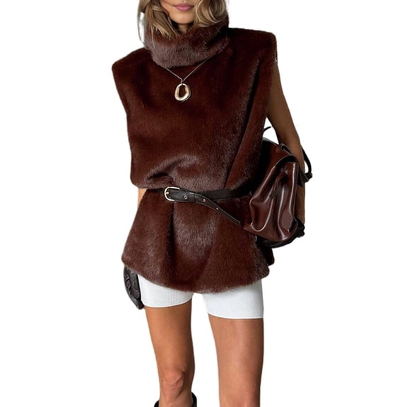 Womens Faux Fur Vest Sleeveless Mcok Neck Oversized Casual Fuzzy Tops Fall Winter Womens Outfits Coffee S