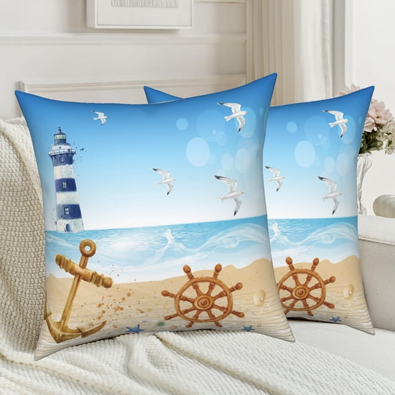 Summer Coastal Pillow Covers 18x18 Set of 2 Double-Sided Lighthouse Beach Throw Pillows Case for Couch