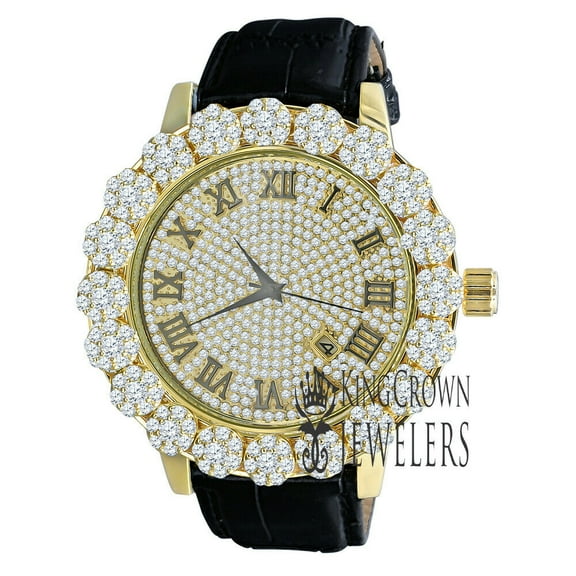 Roman Number Dial Mens Yellow Gold Tone Watch Khronos Flower Bezel Genuine Leather Strap Band W/Date