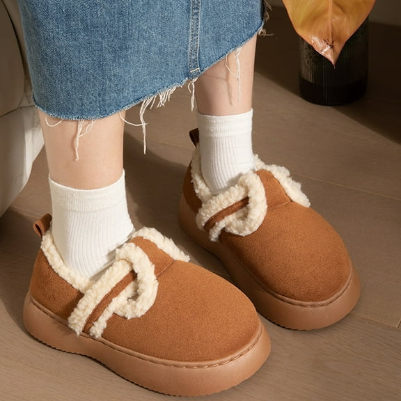 jsaierl Women's Suede Flat Heel Ankle Boots Winter House Slippers with Fuzzy Faux Fur Collar,Memory Foam Slip on House Shoes Indoor Outdoor Rubber Sole