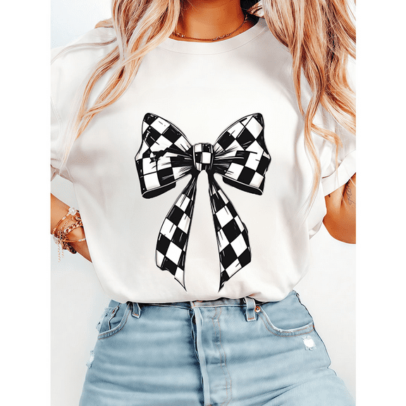 Black & White Checkered Bow Print Tshirts for Womens Trendy Graphic Tees Casual Short Sleeve Tops Cotton Shirts for Daily Outfits White,M