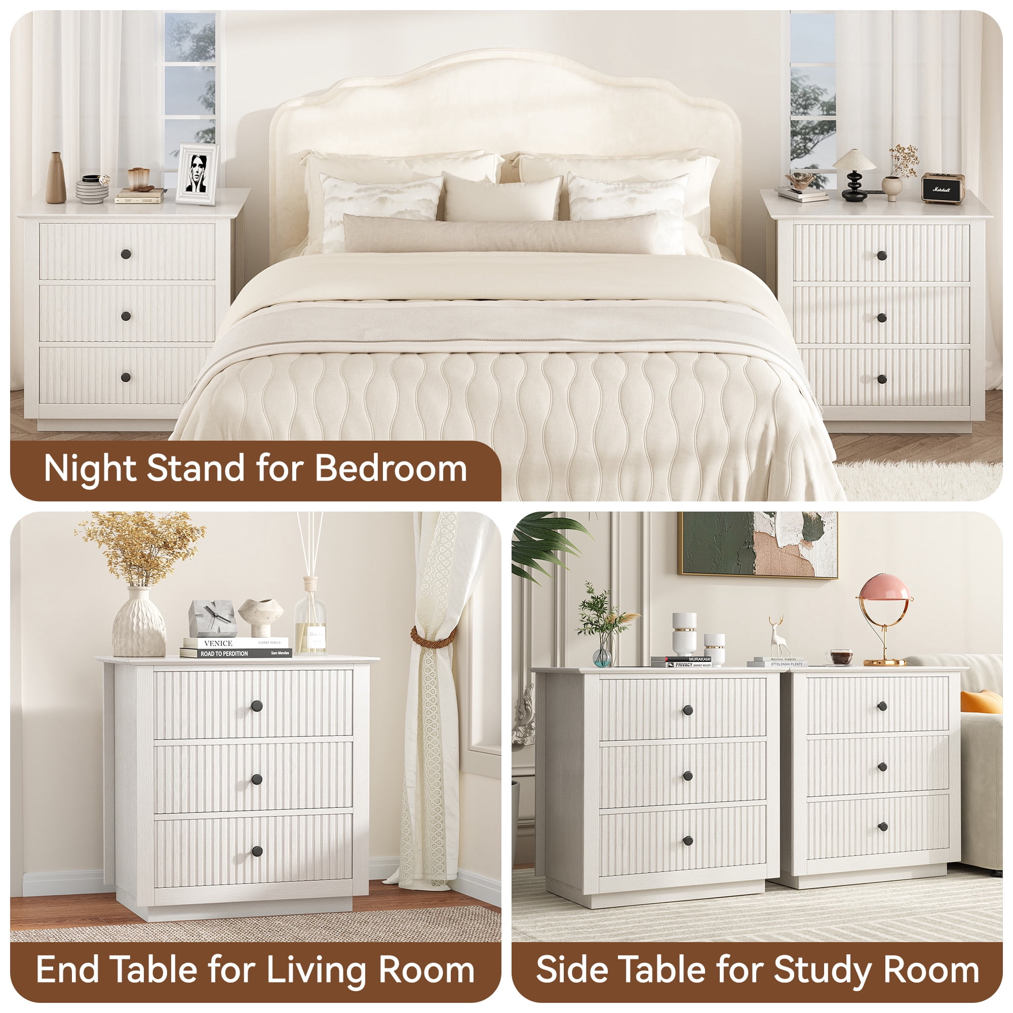 Modern Nightstand with Charging Station & 3 Drawers, 24 Inch Wide Bedside Table Set of 2 for Bedroom and Living Room, Large Storage End Table with Fluted Design, White
