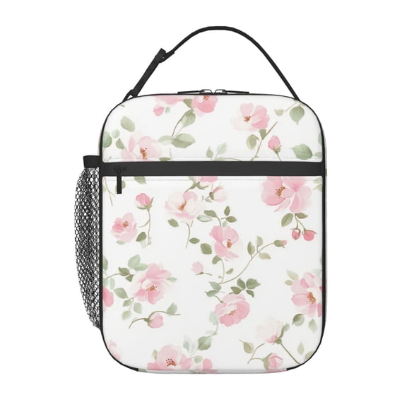 Pastel Pink Rose Floral Pattern Lunch Bag Portable Thermal Lunch Box for Men and Women