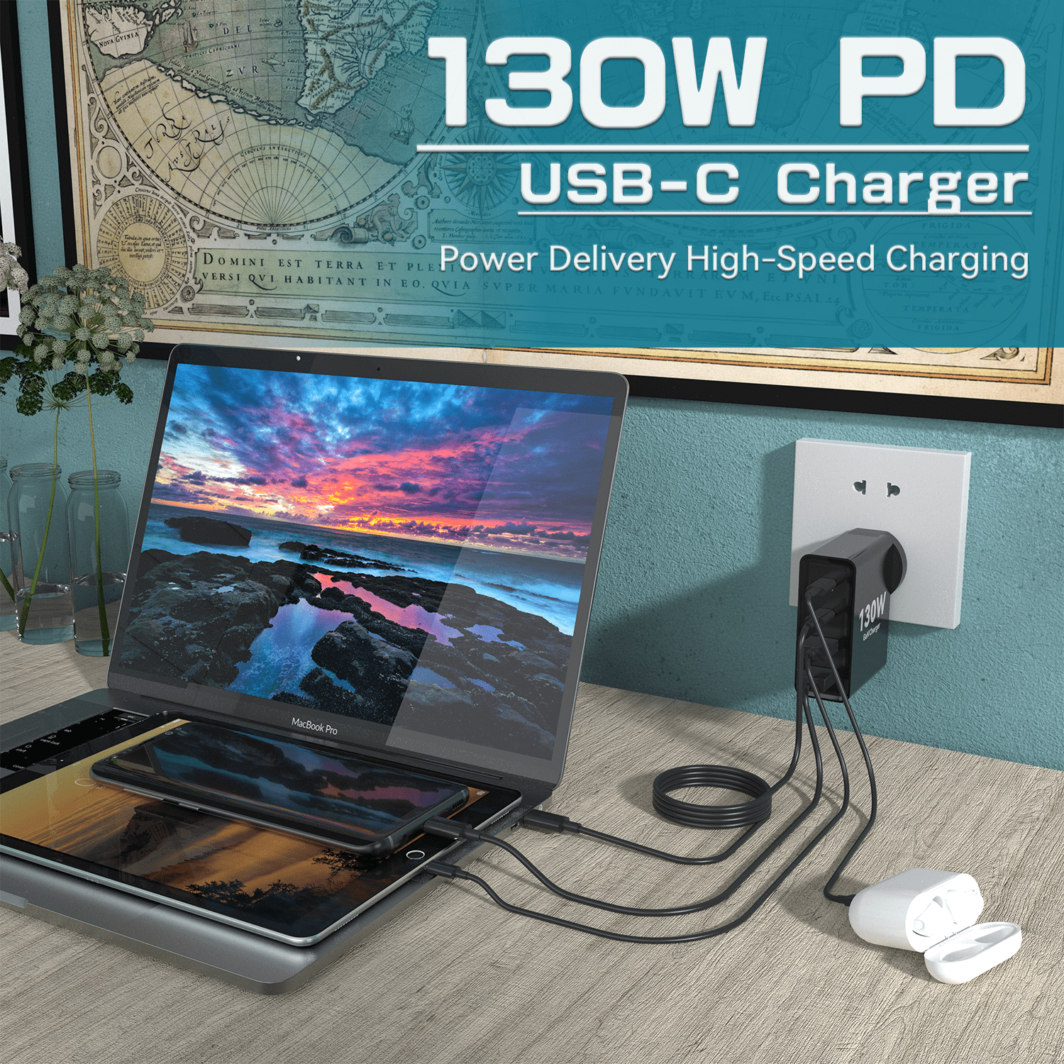 VUOHOEG 130W GaN USB C Charger 4 Ports USB C Charging Station Multi Port Type-C Fast Charging Hubs Wall Charger Block for Cell Phone Laptop iPad Chromebook