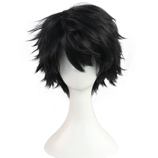Peluca corta con capas negras, peluda, 25 cm, disfraz de cosplay anime