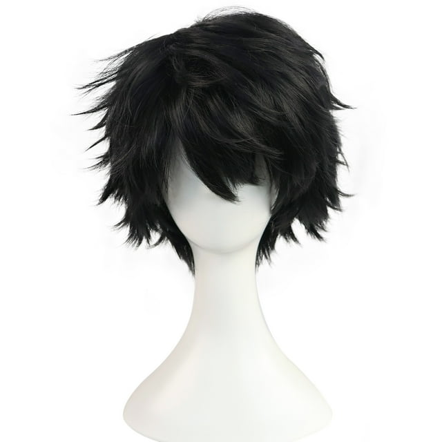 Peluca corta con capas negras, peluda, 25 cm, disfraz de cosplay anime