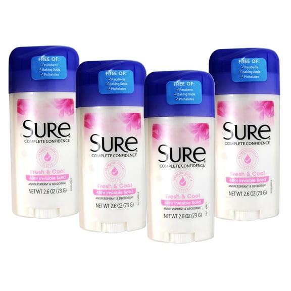 Sure Antiperspirant & Deodorant, Fresh and Cool, 48-Hour Invisible Solid, 2.6 oz (Pack of 4)
