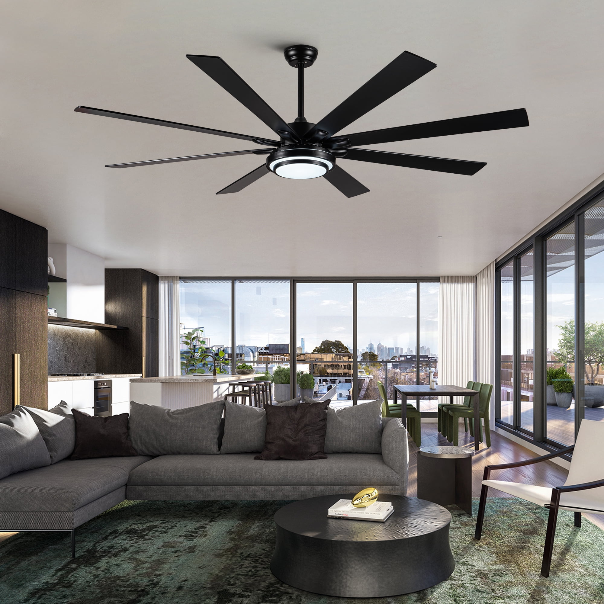 Wellspeed 72 in. Large Ceiling Fan with 8 Blades and Remote, Modern Contemporary Indoor, Black