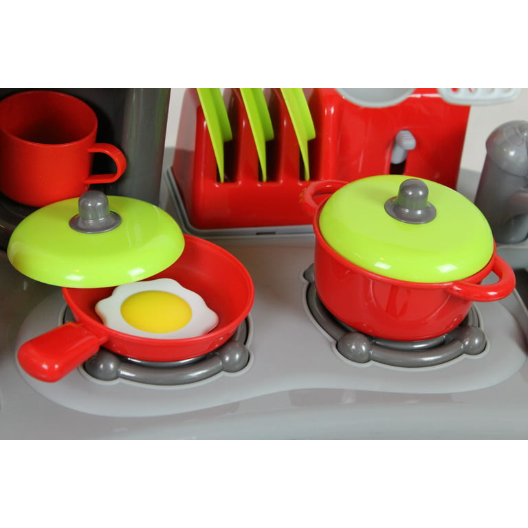 Kitchen Set Red with Sound and Light Cooking Toys w Cookware and Plastic  Food 33 Pcs!