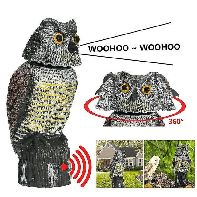 Espantapájaros de búho de plástico con jaula realista Koolmei con cabeza giratoria y sonido