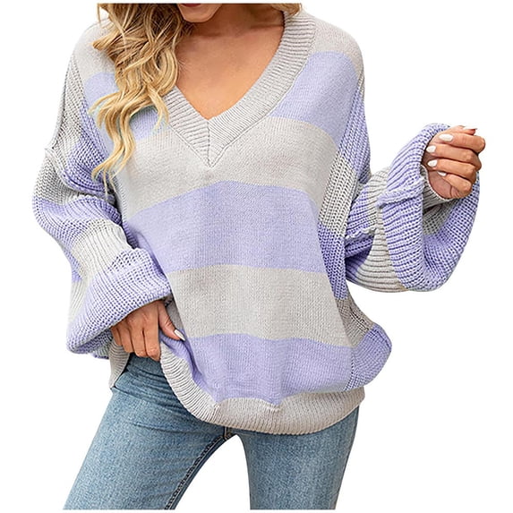 Womens Fall Fashion 2022! QLEICOM Sweaters for Women, Women Fashion Autumn And Winter Knit Stripe Print Crewneck Pullover Sweater On Clearance