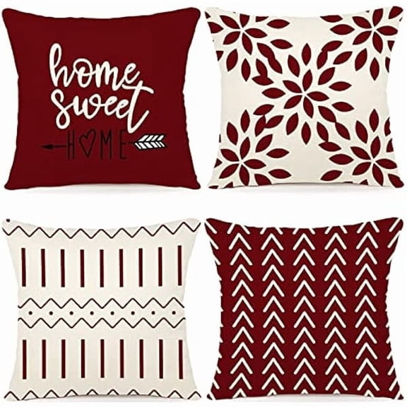 Pillow Cover Christmas Pillow Cover s 16x16 Set of 4, Modern Sofa Throw Pillow Cover for Christmas Decor, Decorative Outdoor Linen Fabric Pillow Case for Couch Bed Car, Wine Red