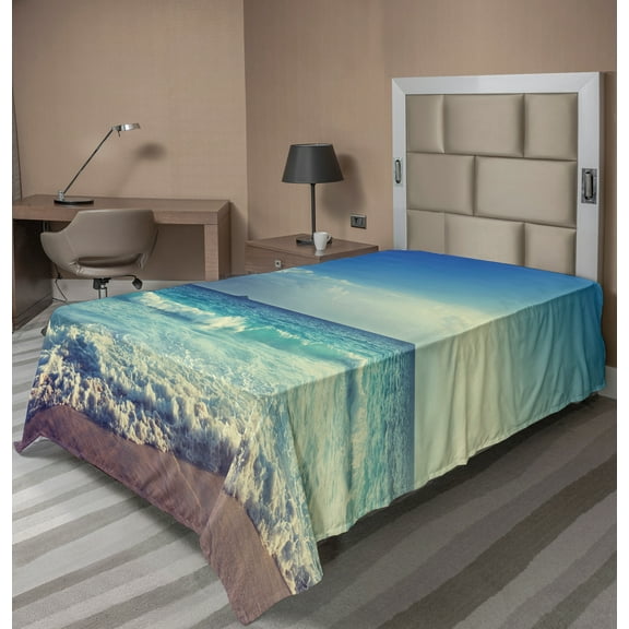 Ambesonne Tropical Flat Sheet, Beach Sunset Waves, TwinXL Size, Cream Turquoise