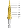 thumbnail image 3 of Hss Tapered Step Drill Bit With Titanium Coating, Grooved For Wood, Metal, Stainless Steel, Gold, 3 of 5