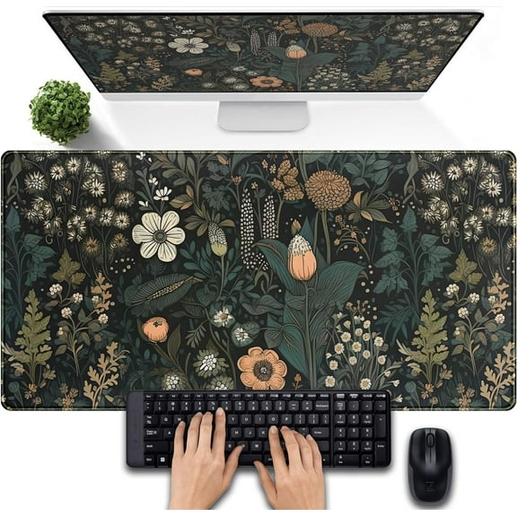 Dark Flower Desk Mat Floral Plants Mouse Pad, Aesthetic Wildflowers Large Gaming Mousepad Desk Pad, XXL Keyboard Mouse Mat Full Desktop Mat Women Office Desk Accessories Cover Mat 31.5"x15.75"