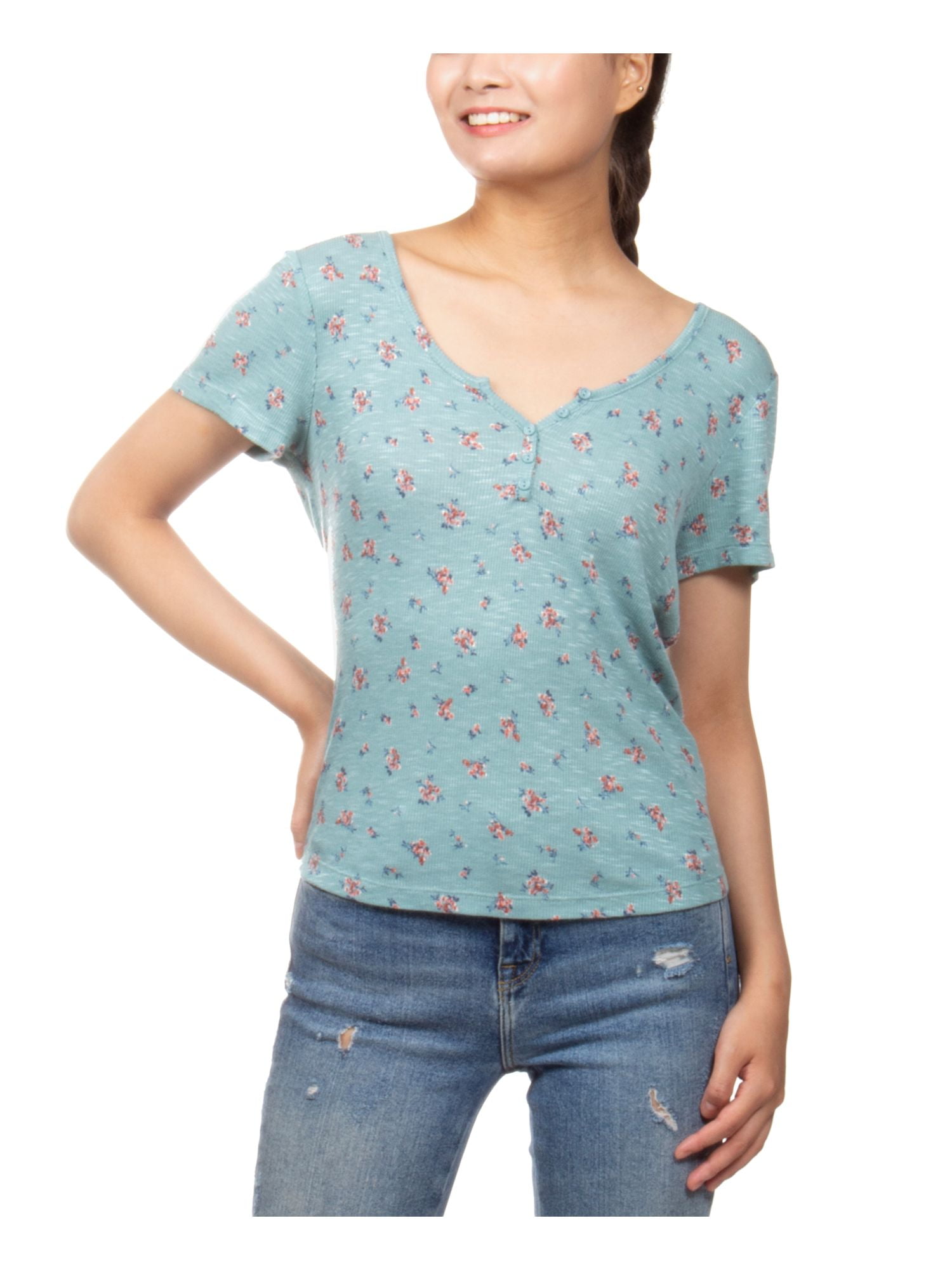 HIPPIE ROSE Womens Green Henley Floral Short Sleeve Top Juniors Size M