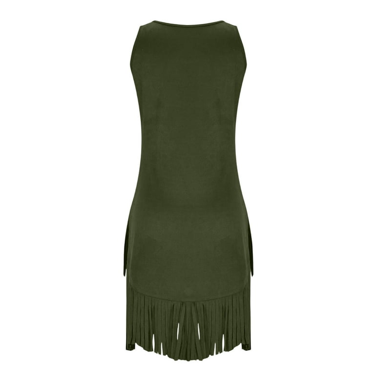 ZQUUVOU Women's Dresses Spring Faux Suede V Neck Sleeveless Fringe Hem  Vintage Dresses Casual Boho Fringed Dress Olive Green - Walmart.com