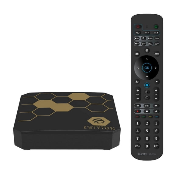 BuzzTV Classic Anniversary Edition Streaming Media Player with T-350 Voice Remote, USB-C Port, Amlogic Quad Core Processor, and 4GB RAM (Gloss Black and Gold)