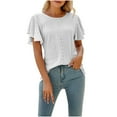 thumbnail image 1 of Bowake Summer Tops for Women 2024 Trendy Ruffle Short Sleeve Shirts Solid Color Hollow out Crewneck Work Blouses, 1 of 6