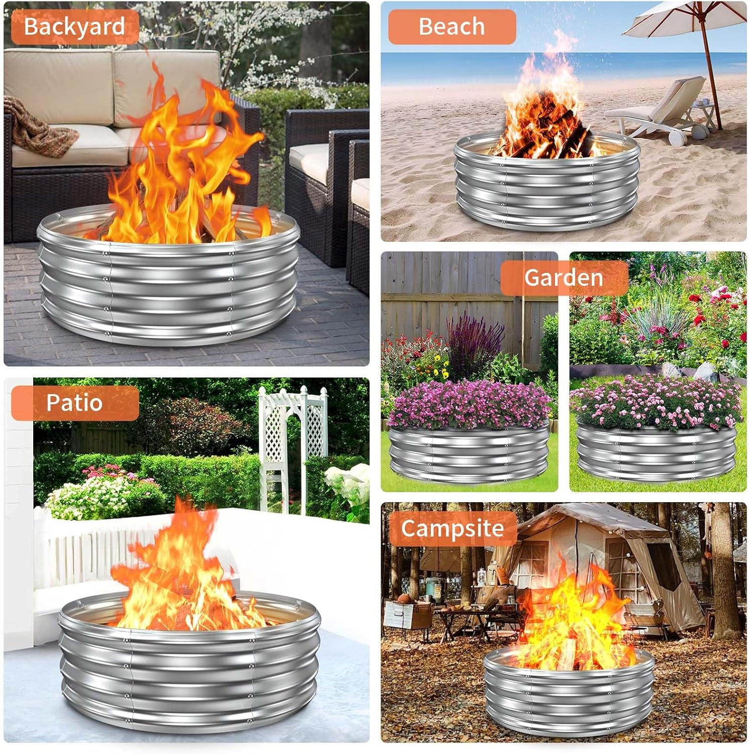 60 Inch Extra Large Heavy Duty Fire Pit Ring, 12" Tall High Heat Resistant Wood Burning Outdoor Fire Bowl, Galvanized Steel Portable for Backyard, Patio, Bonfire and Camping