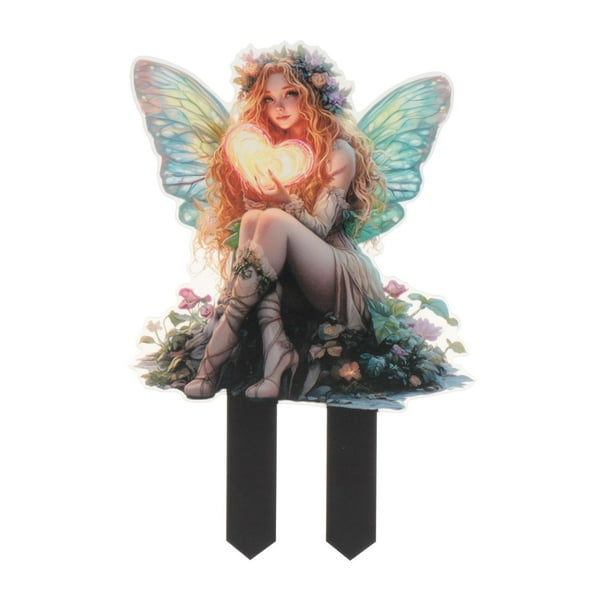 Estaca de jardín decorativa de acrílico 2D, hermosa estaca de hada para maceta Hada con corazón
