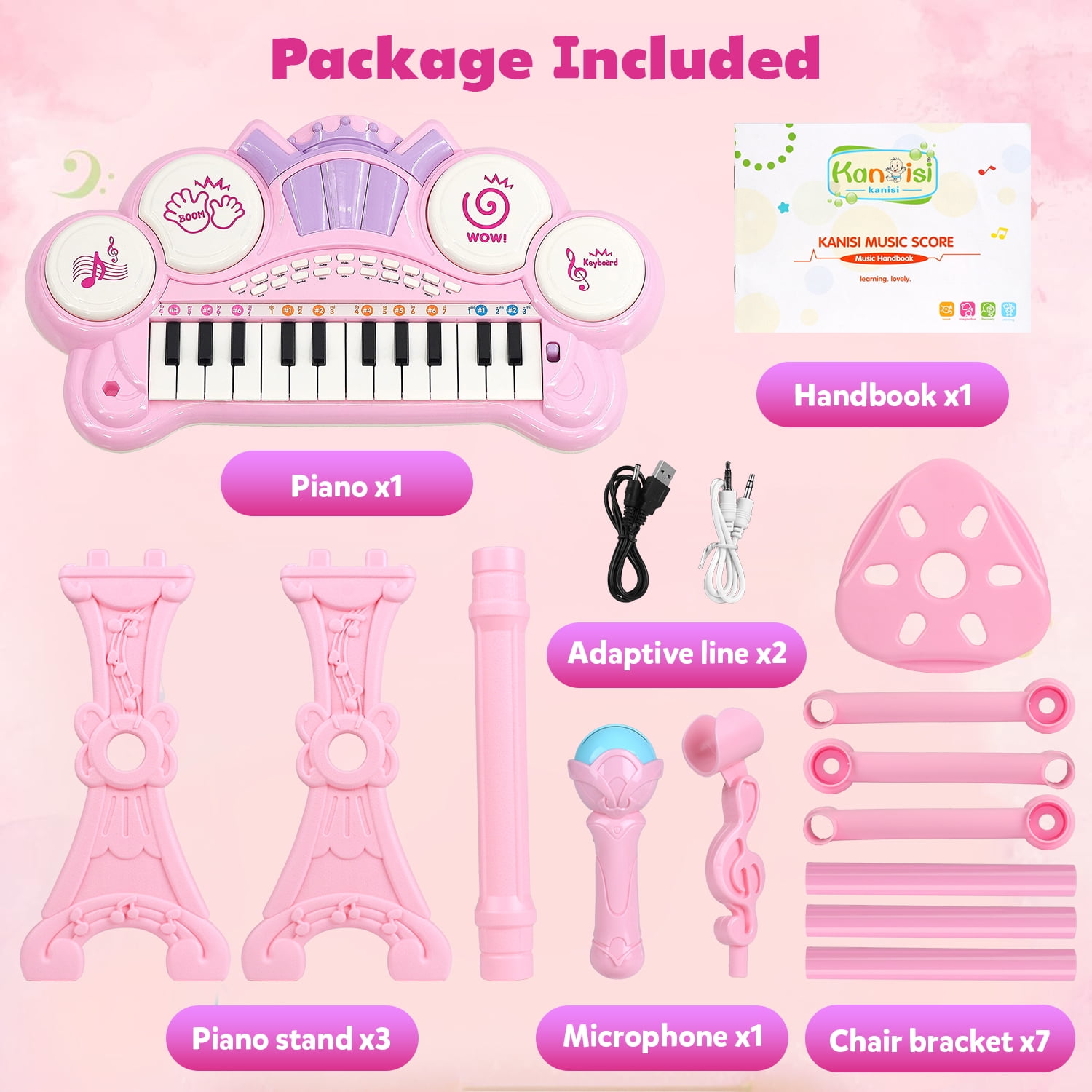 Beefunni Electronic Piano Keyboard, 24-Key  Piano Music Toy, Birthday Gift Girls, with Microphone, Stool - Pink