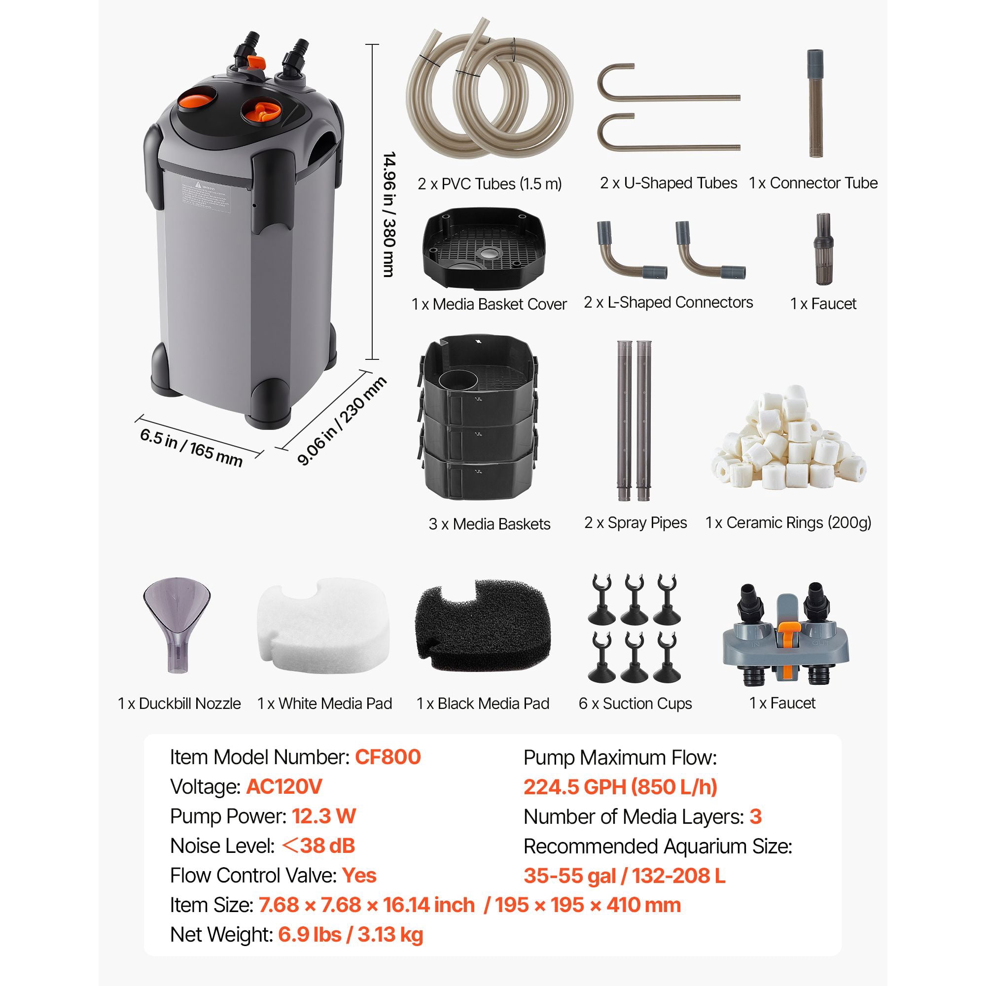 224.5GPH Canister Filter, 3-Stage External Aquarium Filter with Powerful Pump, Quite Water Circulation Cleaning Machine with Media for Fish Tanks and Aquariums Up to 55 Gallons, for Freshwater