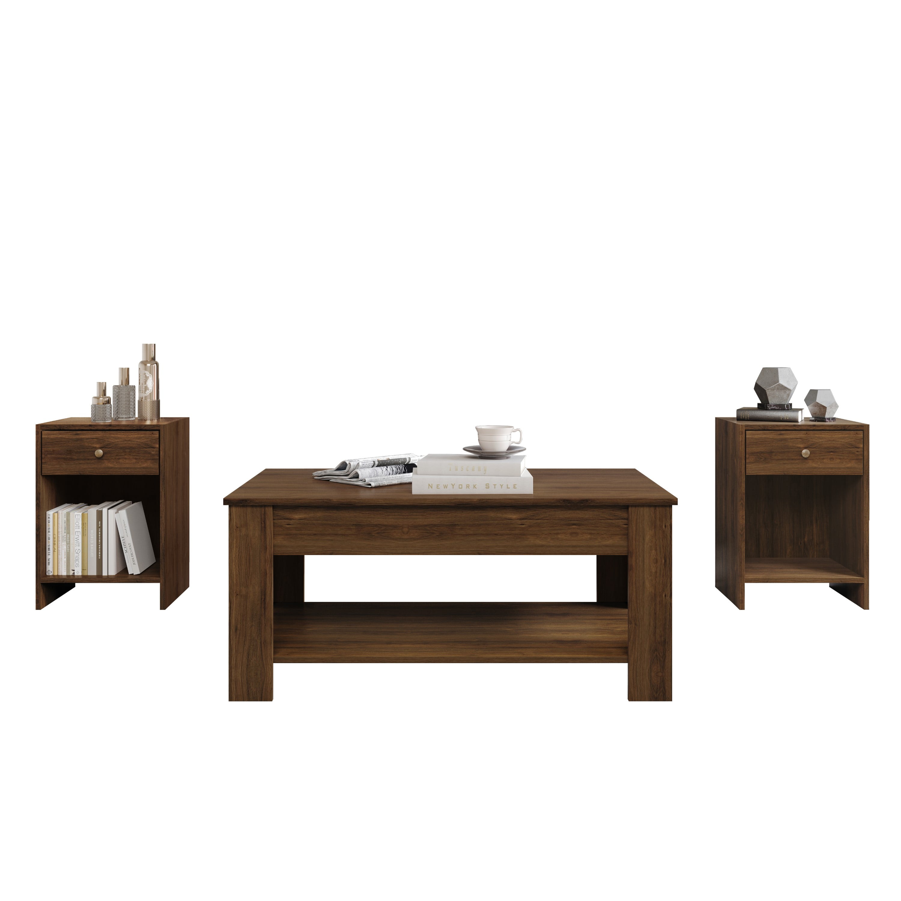 Home Design Magnolia 3-Piece Coffee Table Set with Lift-Top Coffee Table and 2 End Tables, Hidden Storage, Modern Living Room, Brown