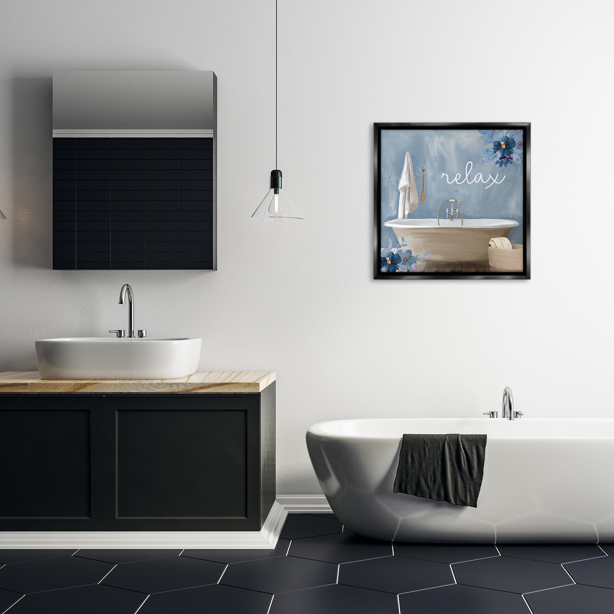 Blue Floral Relax Bathroom Scene Black Floating Frame Canvas Art, 25 x 25