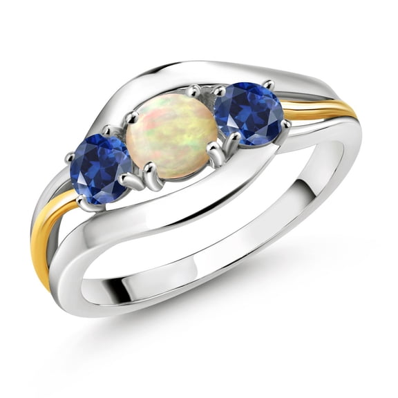 Gem Stone King 925 Sterling Silver and 10K Yellow Gold Round Cabochon White Ethiopian Opal and Blue Created Sapphire 3 Stone Ring for Women (0.80 Cttw, Size 8)