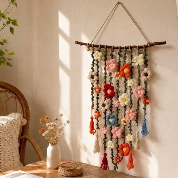 Crochet Flower Garden Wall Hanging,Bohemian Crochet Flower Hanging Decor | Handmade Crochet Flower Wall Decor, Cotton Floral Macrame Hanging with Cascading Flowers, Boho Farmhouse Decor