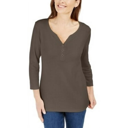 Karen Scott Women's Cotton Henley Shirt Brown Size Petite Small
