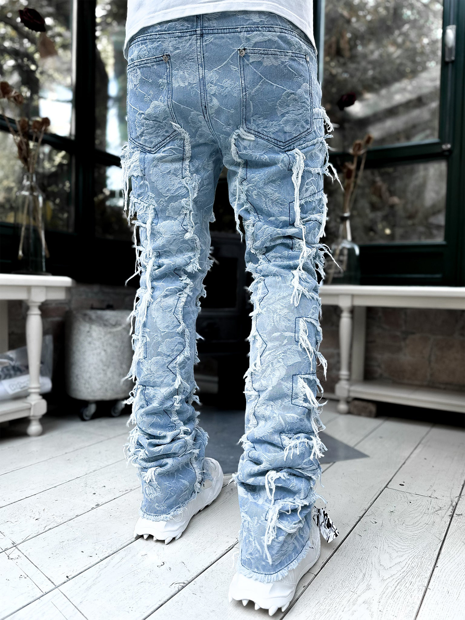 Mens Stacked Jeans Fashion Slim Fit Ripped Skinny Jeans Trendy Frayed Raw Hem Denim Pants Hip Hop Streetwear Trousers