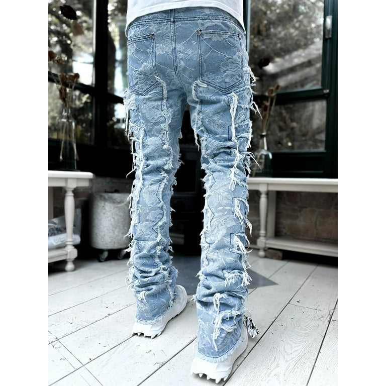 Mens Stacked Jeans Fashion Slim Fit Ripped Skinny Jeans Trendy