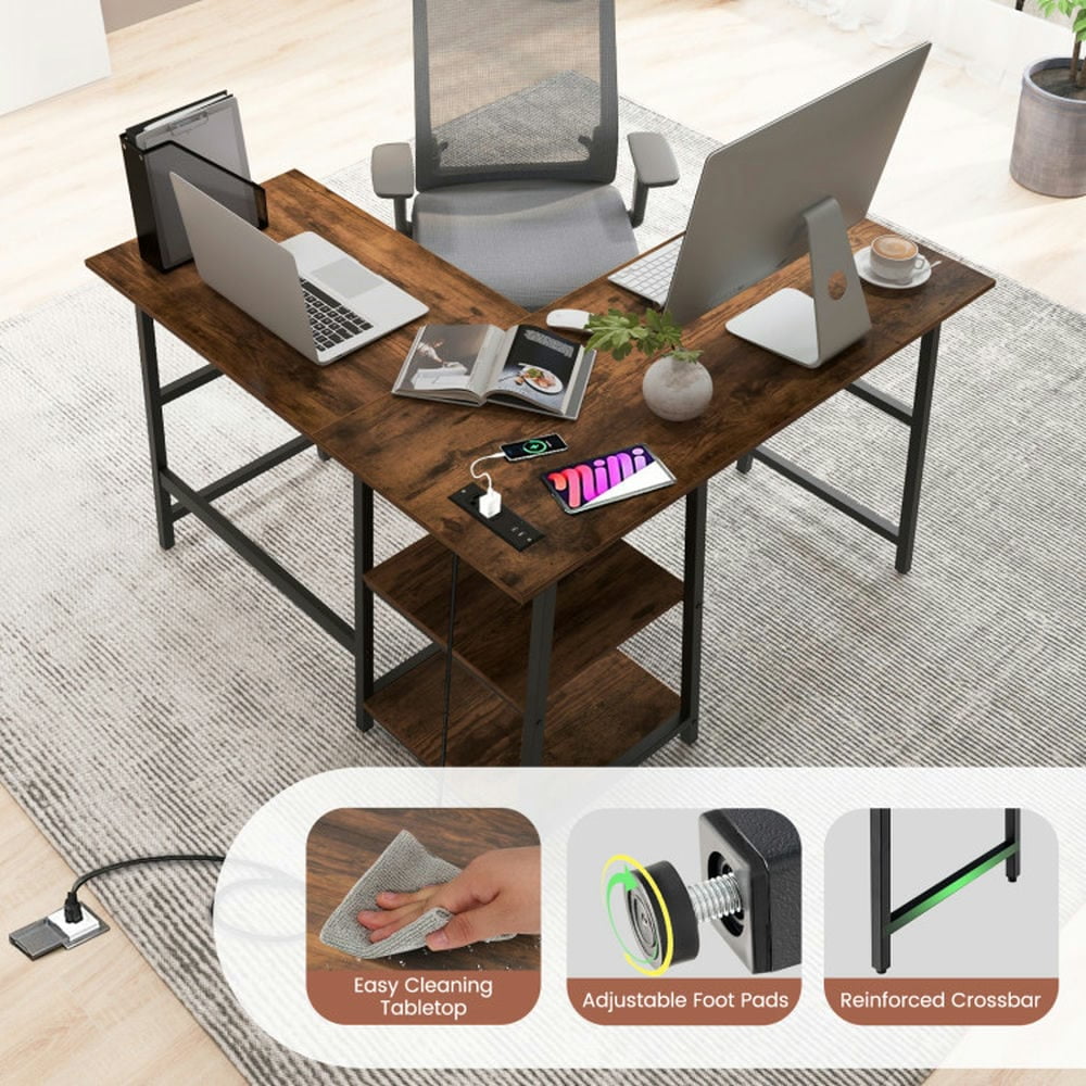 Kadyn L-Shaped Desk, Corner Computer Desk, Home Office Desk, L Shaped Corner Computer Desk with Storage Shelves-Brown