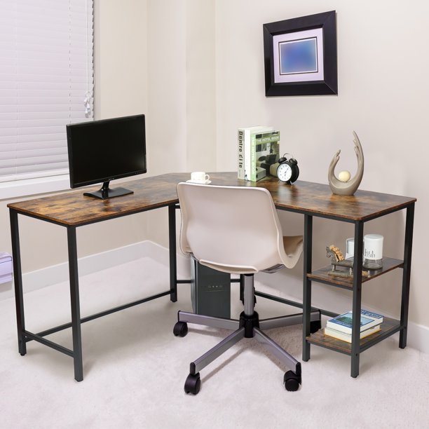 Large Computer Desk, LShaped Computer Desk with 2Tier Storage Shelves