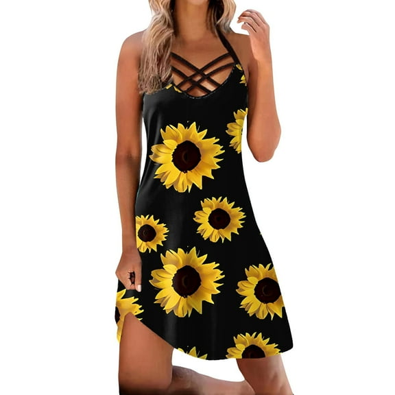 OAVQHLG3B Halter Hollow Out Sunflower Dress for Women Loose Midi Sleeveless Summer Dress Beach Casual Fashion Sundress Vestidos