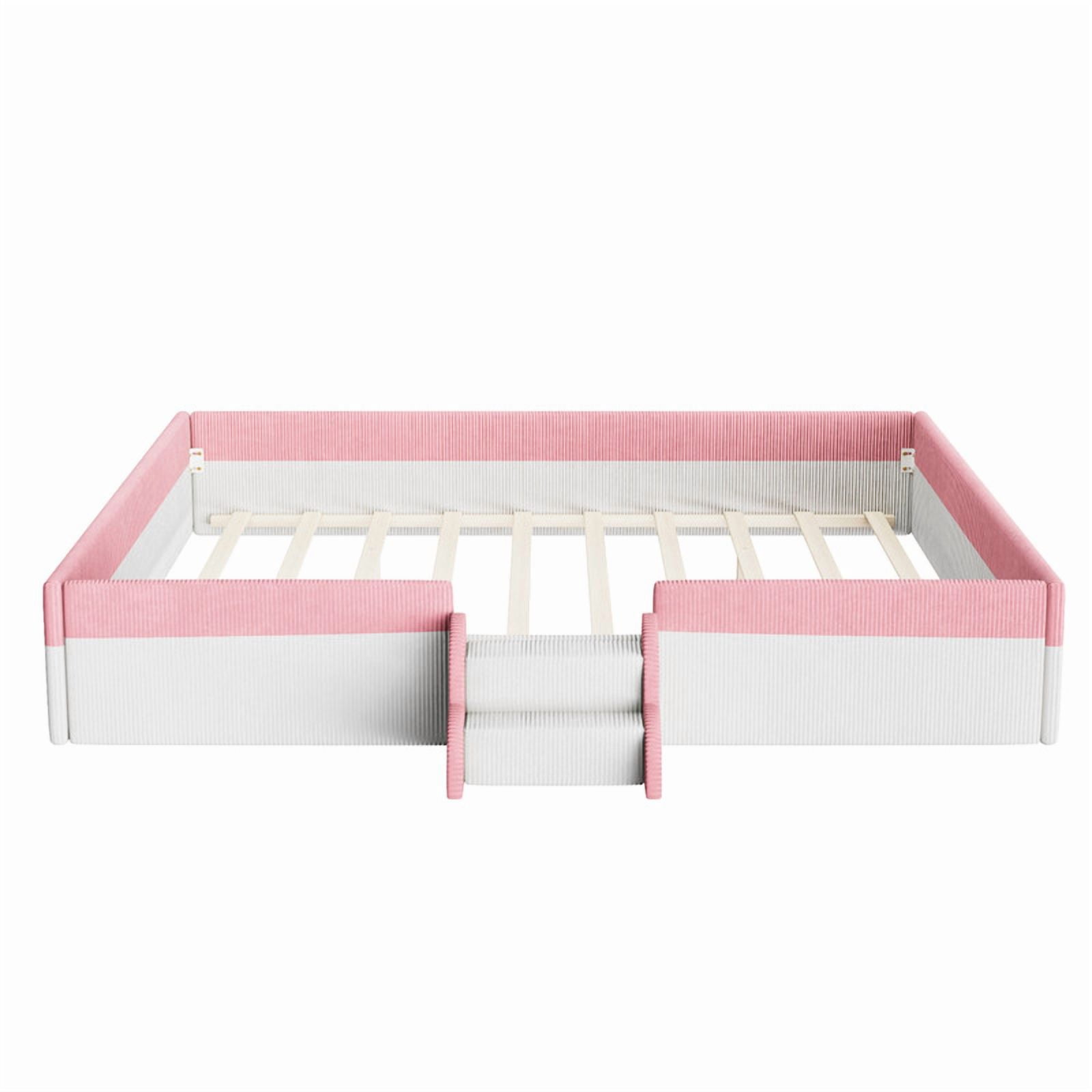 King Size Upholstered Floor Bed with Fence, 2-Tier Steps and Smart LED Lights, Corduroy Platform Bed Frame with Guardrails, Low Profile Montessori Bed for Boys Girls