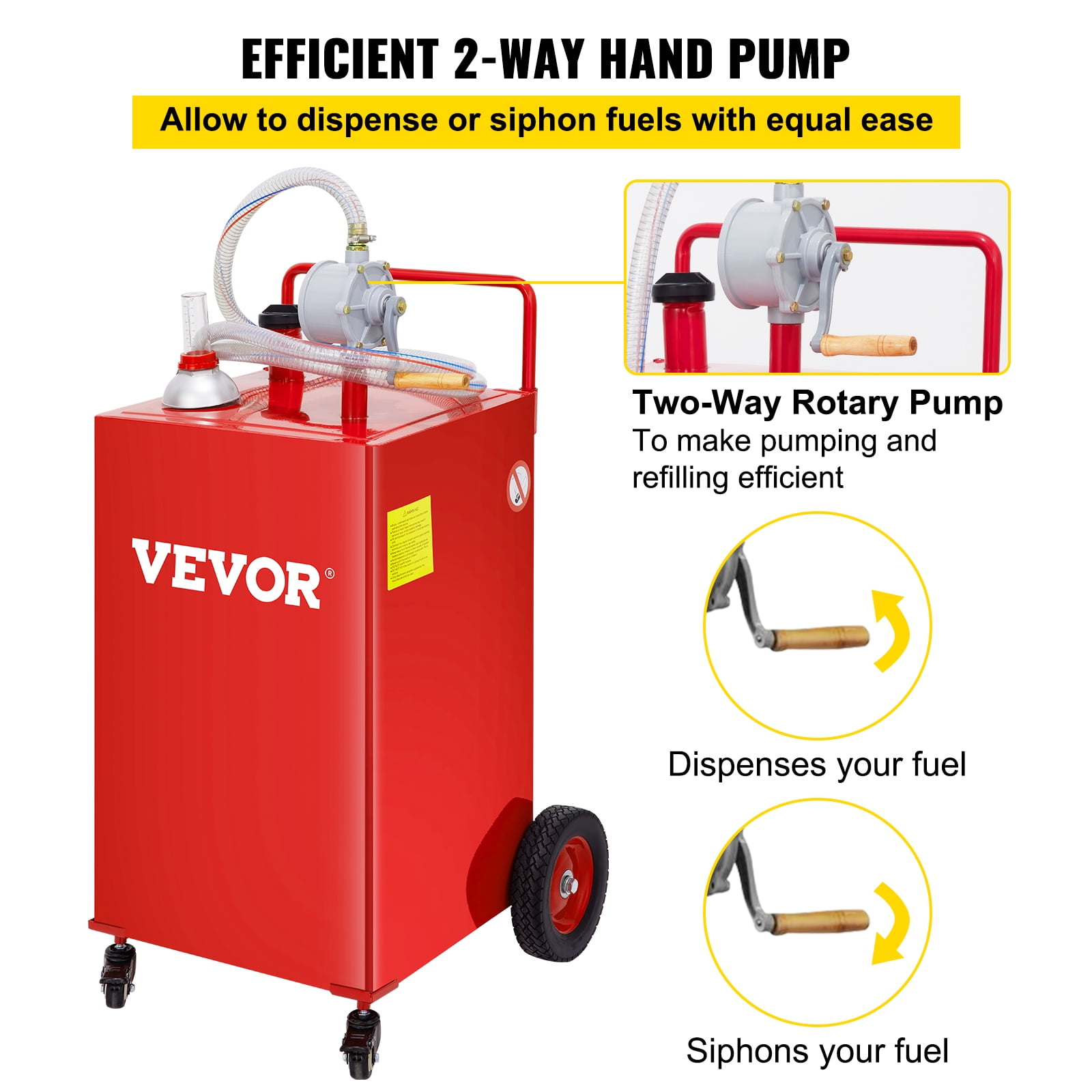 VEVOR 35 Gallon Gas Caddy Fuel Storage Tank with 4 Wheels, Portable Diesel & Gasoline Container with Manual Rotary Pump For Cars