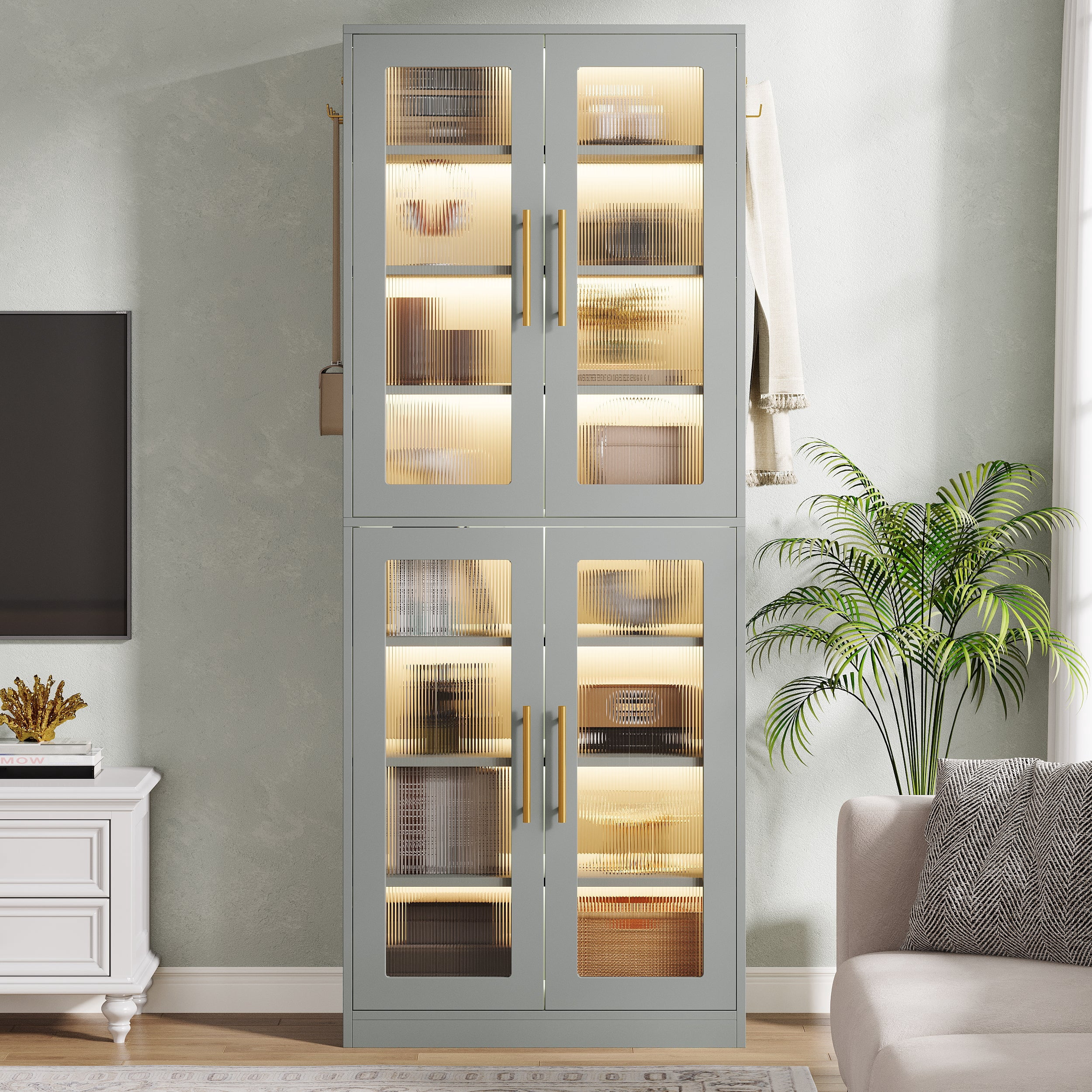 Fnova 66.93" Bookcase with Doors, 8 Tier Storage Cabinet with LED Lights for Living Room, Bedroom, Study, Gray