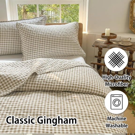 Tan Gingham Queen Quilt Set, Soft Pre-washed Microfiber Taupe Plaid Queen Bedspread, Lightweight Checked Summer Quilt, Grid Bedding Coverlets for All Seasons (Includes 1 Quilt, 2 Pillow Shams)