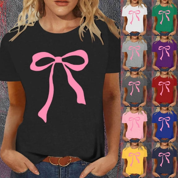 Bow Printed T Shirts for Women Crew Neck Short Sleeve Tee Summer Breathable Basic Top Black L