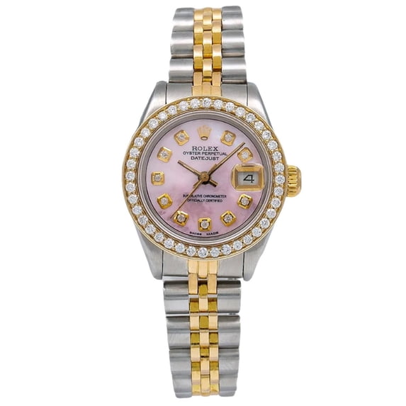 Pre-Owned Rolex Datejust 26MM 69173 Pink Mother of Pearl Diamond Dial Diamond Bezel Two Tone Yellow Gold Jubilee Bracelet 0.9ct