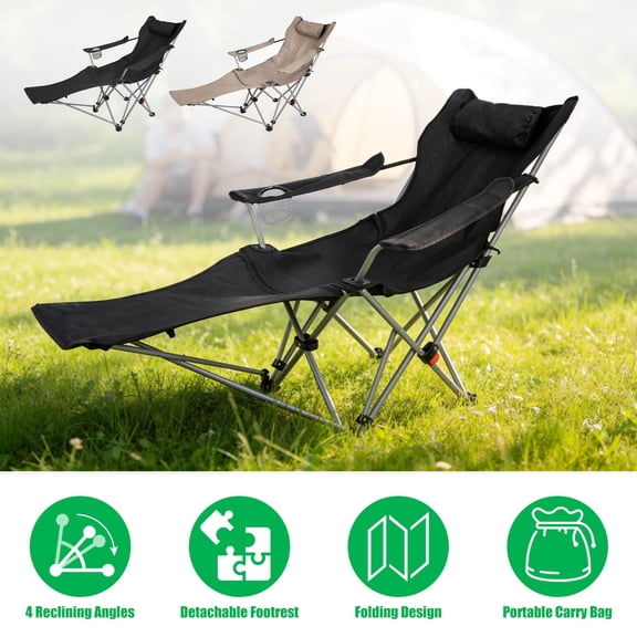 Camping Chairs Outdoor Camping Chair Reclining with Footrest 4-Position Adjustable Heavy Duty Portable Lounge Chair with Headrest Cup Holder Side Pocket for Beach Patio Travel (Black)