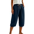 thumbnail image 2 of Capri Pants for Women Linen Wide Leg Loose Fit with Drawstring Elastic Waist Casual Summer Cuffed Pants with Pockets, M, 2 of 6